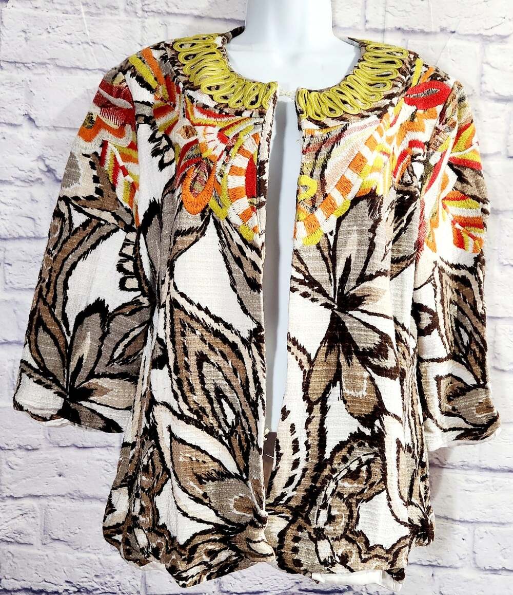 VTG Chico's Tan Orange Brown Floral Print Hook & Eye Blazer 3 XL Lined